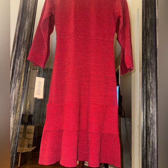 Nanette Lepore Red Shimmer Long Sleeve Knit Dress - Picture 9 of 12